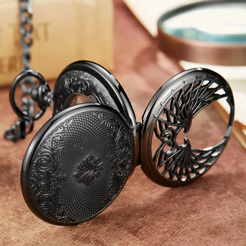 Vintage Angel Double Wings Black Mehanical Pocket Watch FOB Chain Hollow Skeleton Hand Wind Mechanical Mens Womens Watch