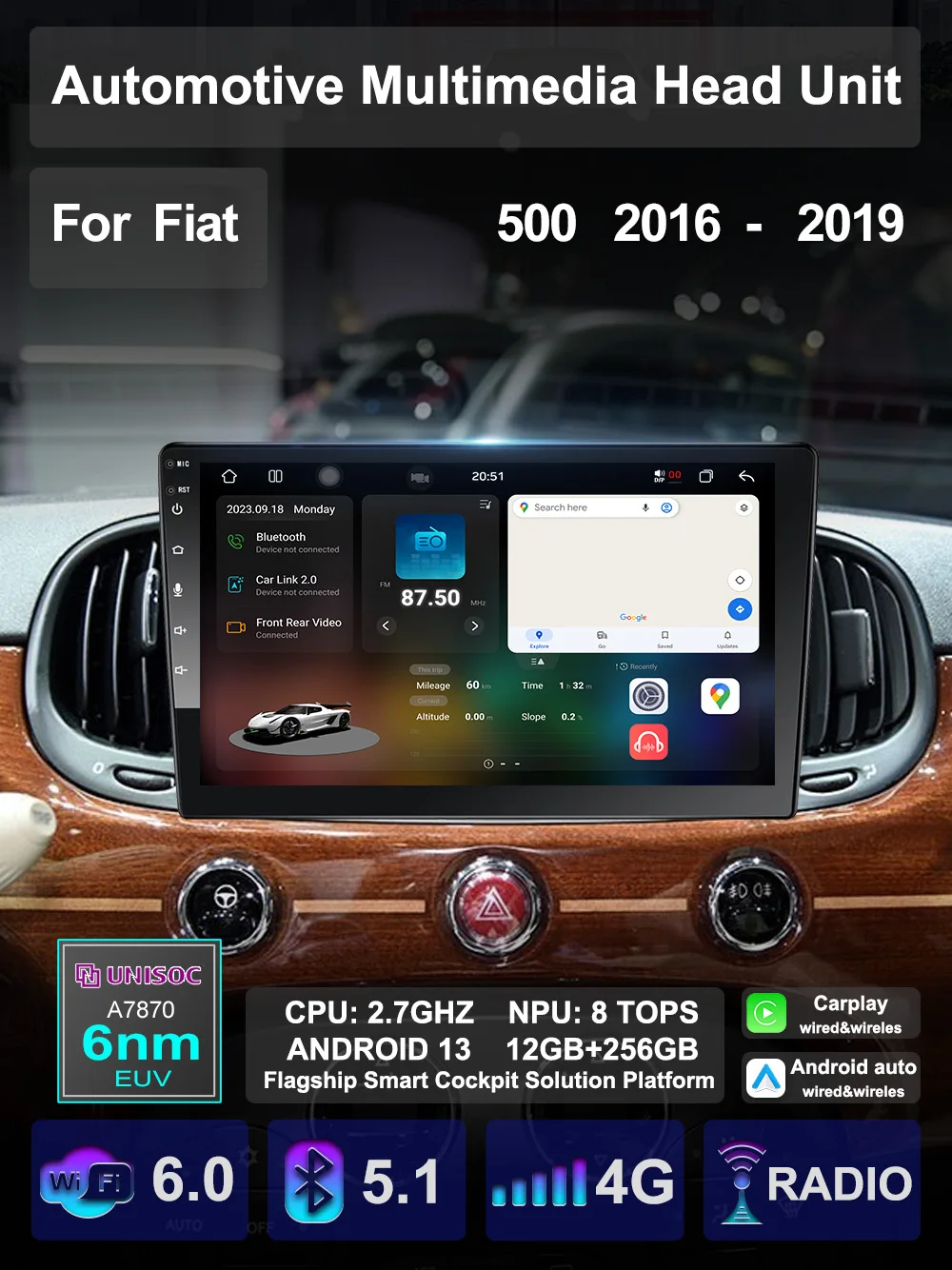 Автомобильный мультимедийный плеер для Fiat 500 2016 2017 2018 Android Авто GPS стерео радио