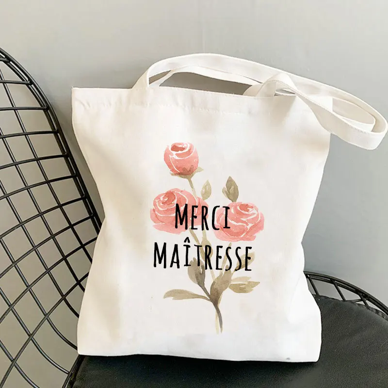 Merci Teacher French Print Women's Shoulder Bags Pattern Women Canvas Shopping Bag Harajuku Shopping Girl Handbag Teacher's Gift