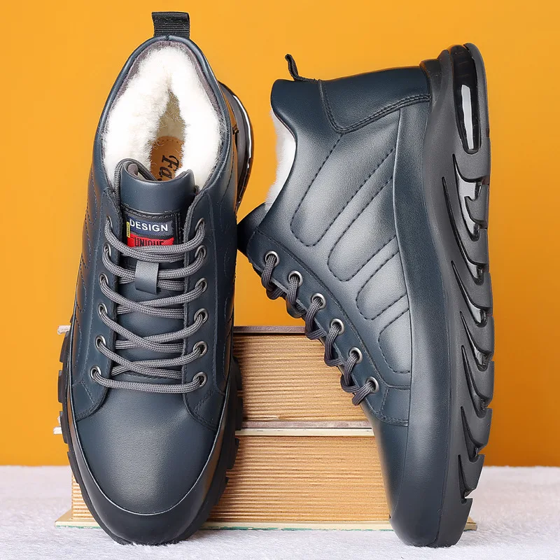 

Men's Pure Wool Thick-soled Boots with High-heeled Wedges Fashion Blue-black Winter Outdoor All-match Warm Cotton Shoes New