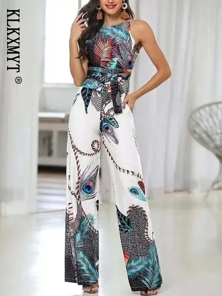

KLKXMYT TRAF Jumpsuit Women Halter Backless Long Jumpsuit Woman Summer 2022 Fashion Print Bow Lacing Casual Sexy Bodysuit