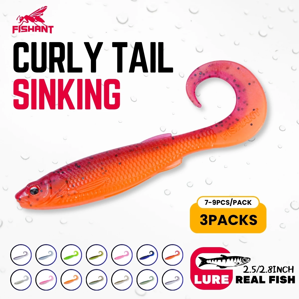 Фото Мягкие тонущие приманки Fishant Curly Tail, 2.5/2.8 дюйма, реалистичные 3D-глаза, приманка-червь для финес-рыбалки, мандаринового окуня, техасской оснастки и дроп-шота №1