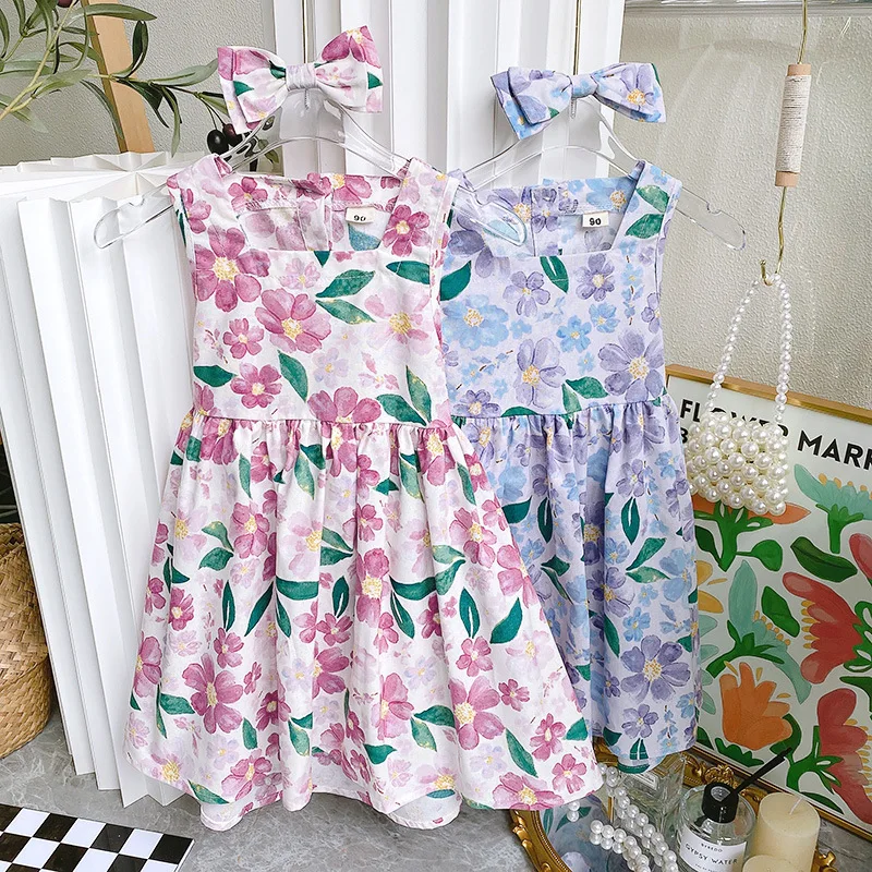 

Girls Korean Style Dress 2022 Summer New Backless Floral Beach Dresses With Bow Hairpin 2Pcs 3-8Y vestidos Kids Princess Clothes
