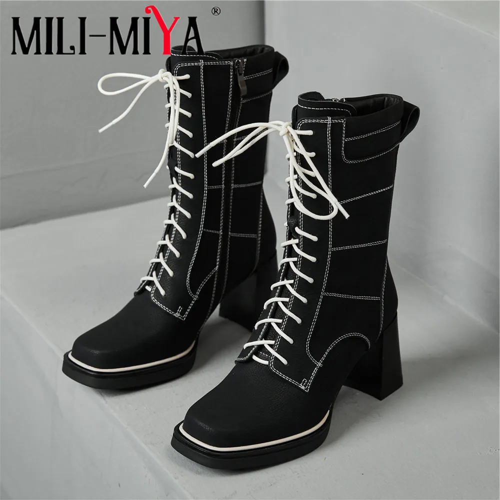 

MILI-MIYA New Arrival Women Cow Leather Mid Calf Boots Black Solid Color Round Toe Thick Heels Zippers Lace Up Handmade For Lady