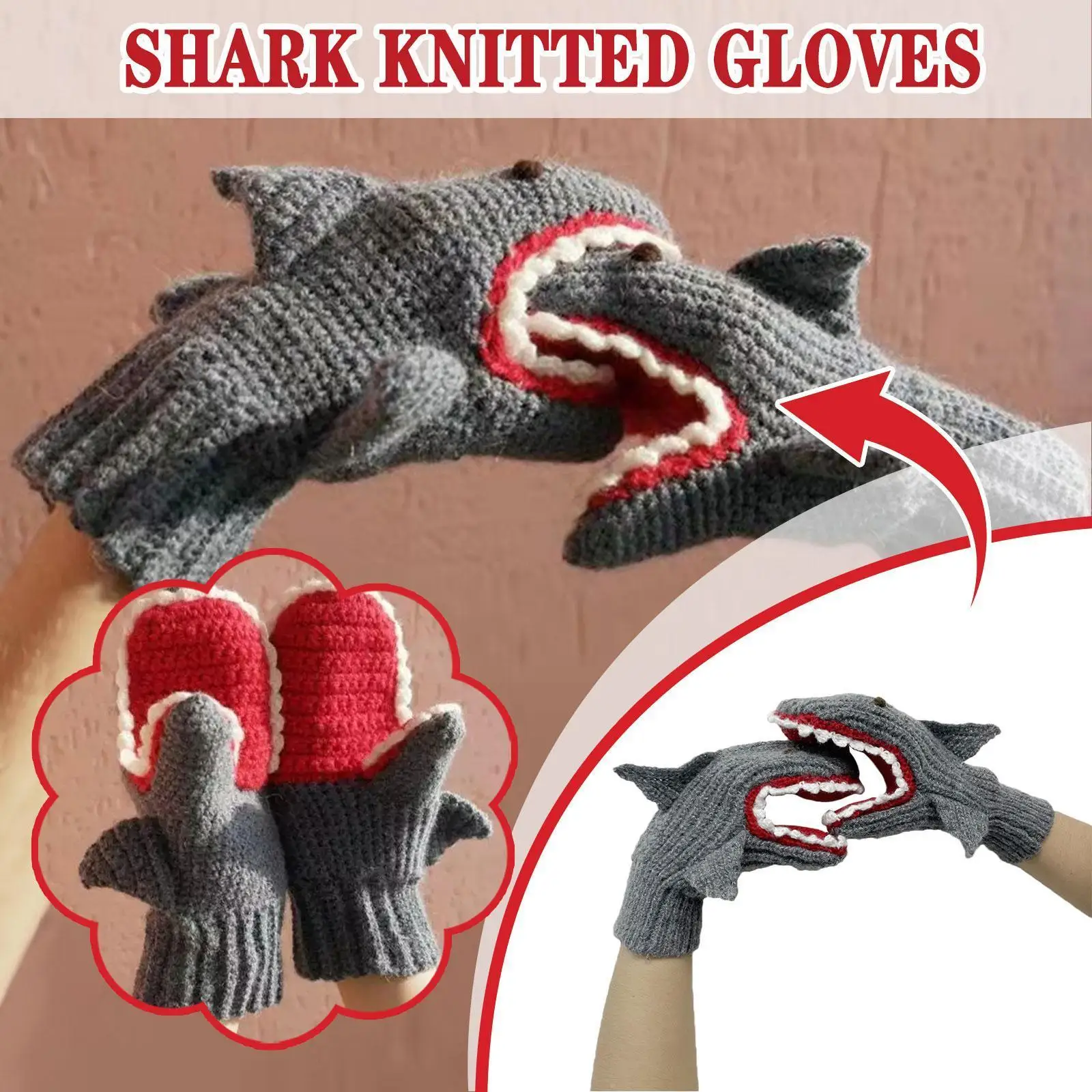

Shark Knitted Gloves Creative Christmas Shark Head Gloves Hand Warmer Winter Gloves Knitting Arm Gloves for Women Men V6S4