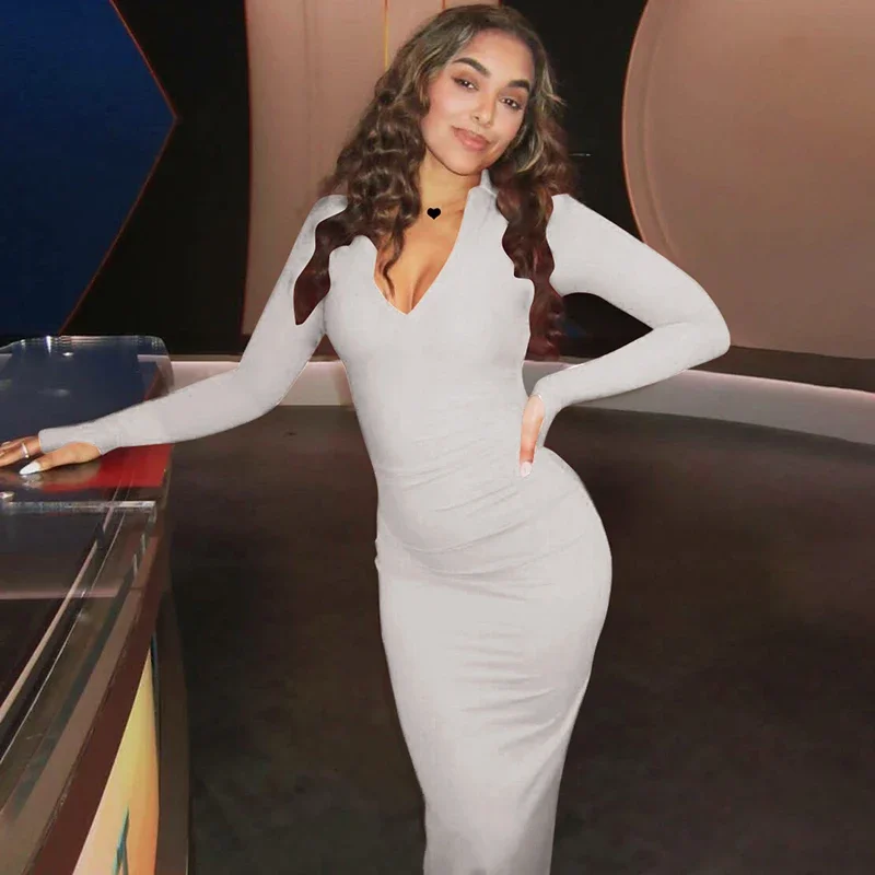 Элегантное облегающее платье макси с длинными рукавами и рюшами сексуальное