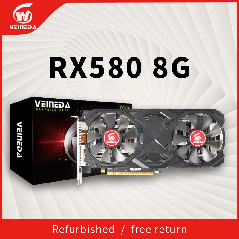VEINEDA Video Card RX580 8GB 256 Bit 2048SP Graphics Cards GDDR5 RX 580 Series  Backplate Heatpipes 8Pin Connector Refurbished