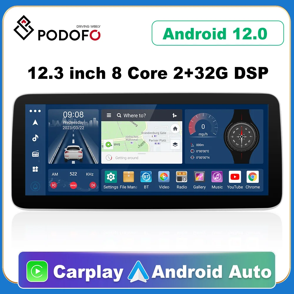 

Podofo 8 Core Car Radio GPS 2 din Android 12.0 Stereo Carplay auto Car Multimedia Player DSP BT FM Navigation