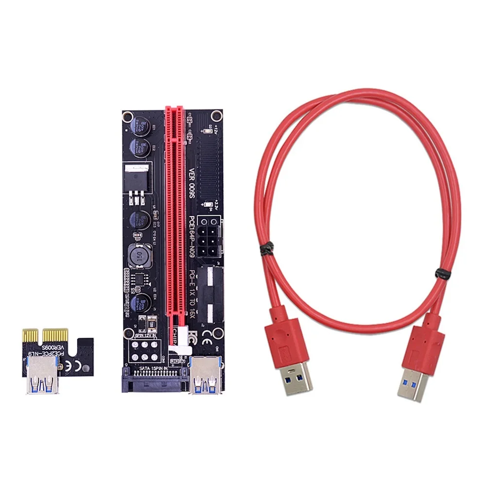

10PCS VER 009S PCI-E Riser Card 009 PCIE 1X to 16X Extender Adapter Dual LED 1M 0.6M USB 3.0 Cable SATA 6Pin 4Pin Power