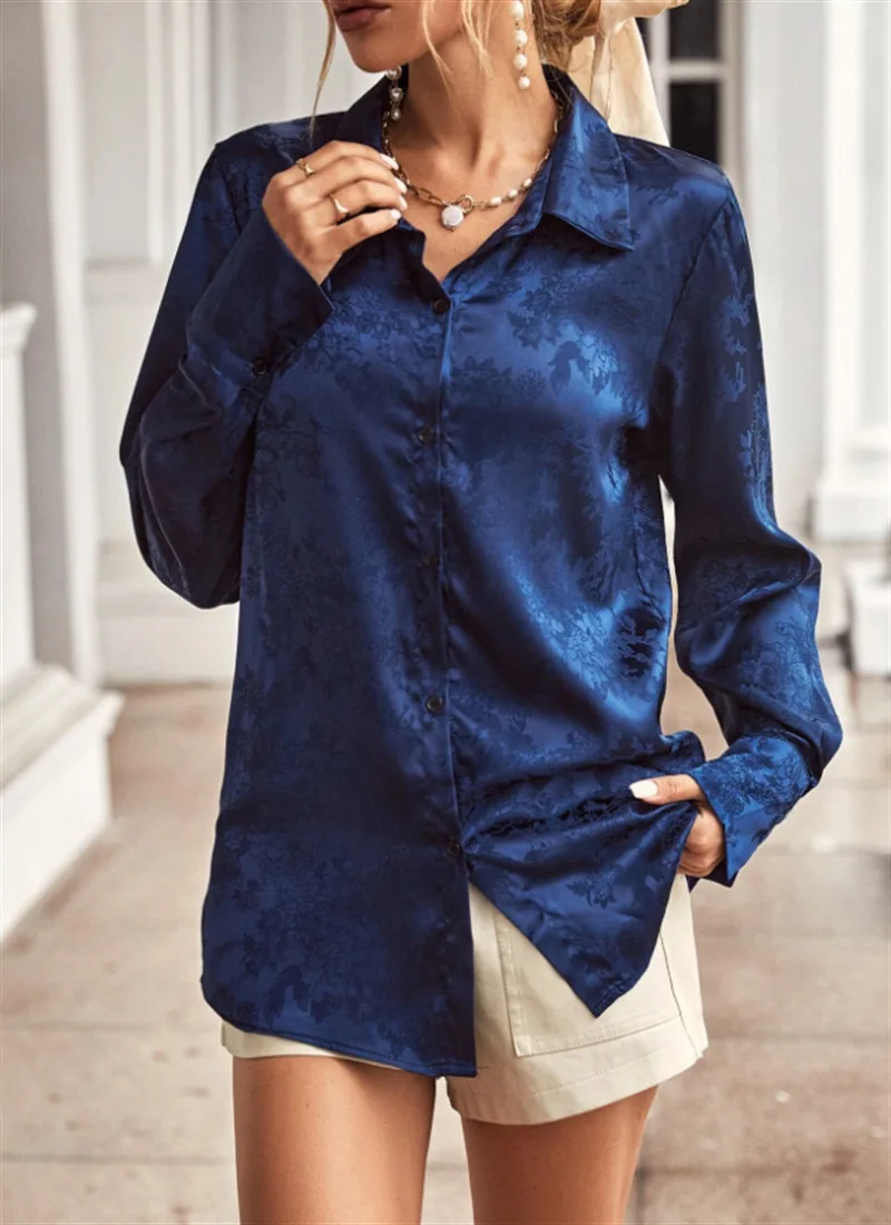 

Женская атласная блузка с длинным рукавом, жаккардовая Свободная рубашка с цветочным принтом, 2023