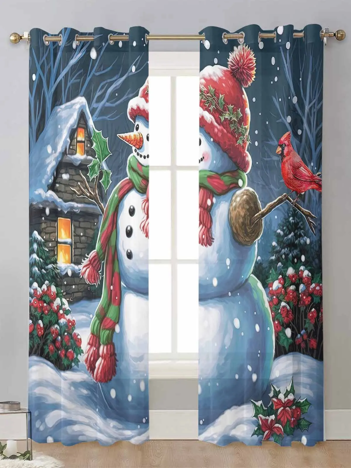 

Christmas Snowman Bird House Sheer Curtains For Living Room Window Transparent Voile Tulle Curtain Cortinas Drapes Home Decor