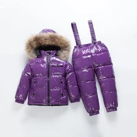 new childrens down jacket suit girls purple jacket warm down trousers two piece set boys silver ski suit natural fur collar