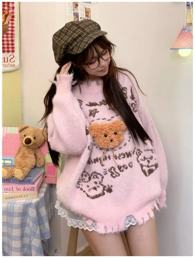 Розовые пуловеры с плюшевым мишкой жаккардовый вязаный свитер корейская зимняя