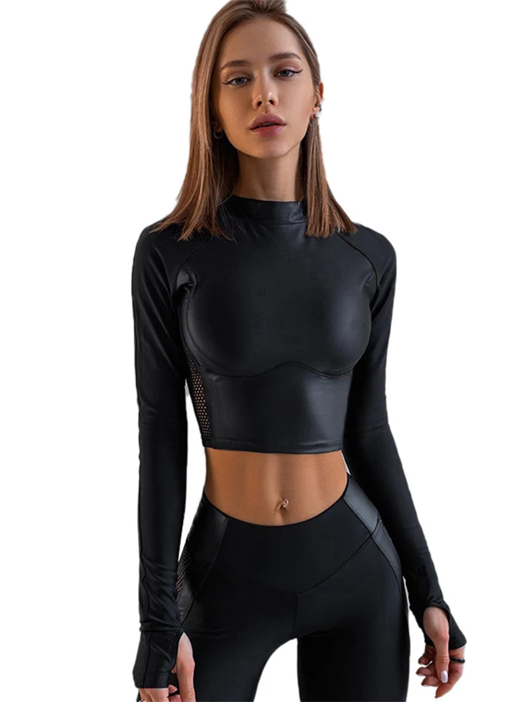 

Весенние футболки из искусственной кожи с круглым вырезом и длинным рукавом, Джокер, повседневное боди с длинным рукавом, укороченный топ, р...