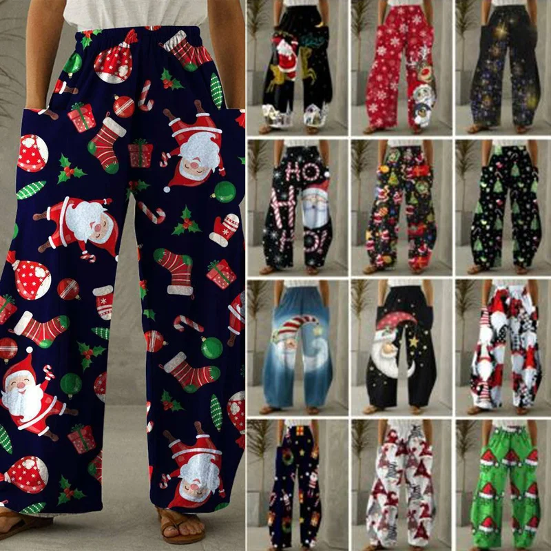 

Women Christmas Loose Pockets Casual Bottoms Trousers Wide Straight Wide Leg Pants Sweatpants High Waist Loose Bloomer 5XL