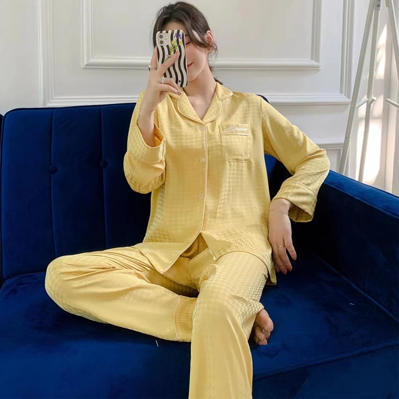 2022 New Spring and Autumn Long-sleeved Silk Ice Silk Women's Pajamas Jacquard Pajamas for Women Houndstooth Homewear Suit