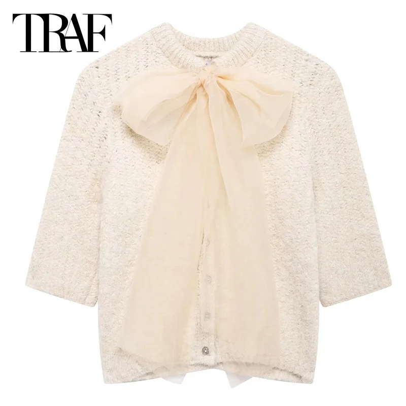 TRAF 2024 женский свитер кардиган укороченный вязаный с бантом осенний трикотаж