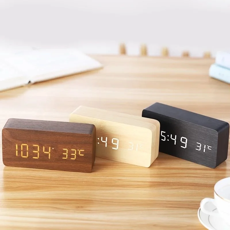 

Modern Wooden Digital Alarm Clock Led Smart Desktop Clocks With Temperature USB/AAA Powered Electronic Digital Clock For Room