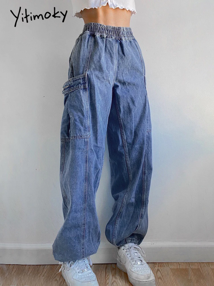 

Yitimoky Casual Baggy Jeans Women Big Pocket Pants Y2K Retro Elastic Waist Wide Leg Cargo Denim Trouser Oversize Bottoms Korean