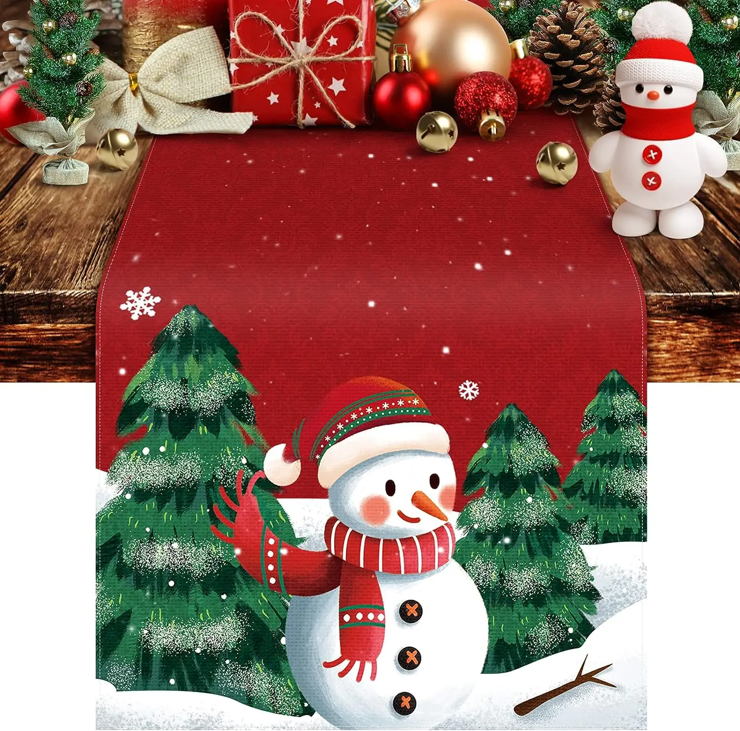 

Christmas Tree Snowman Linen Table Runner Kitchen Table Decor Reusable Winter Xmas Dining Table Runners Christmas Decoration