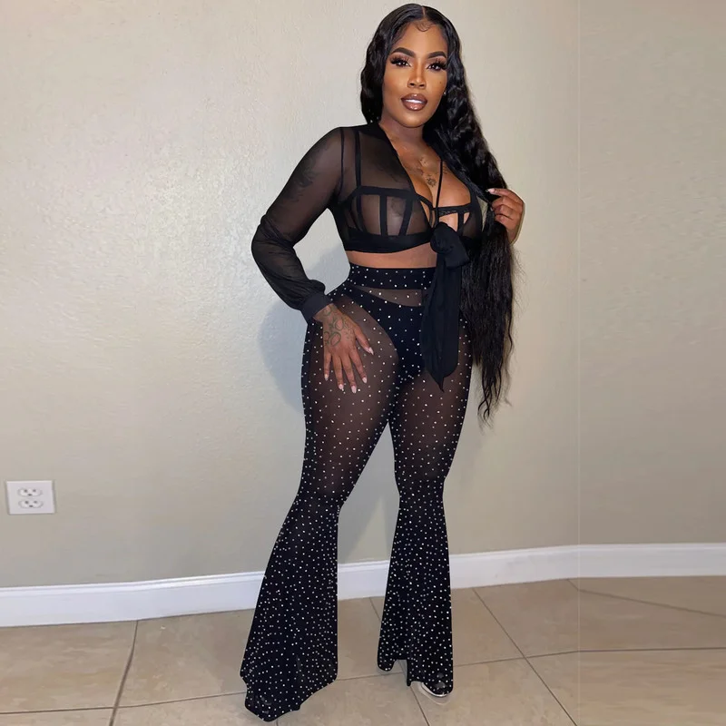 

WUHE See Through Mesh Diamonds Lace Up Shirt Top Wide Leg Pants Women 3 Piece Set Sheer Party Night Clubwear Fashion Outfit