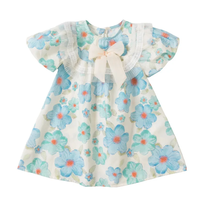 

Baby Girly Children Summer Korean Elegant Lolita Cotton Party Princess Sun Dresses from 3 4 to 6 7 Years Girls Blue Lace Clothes