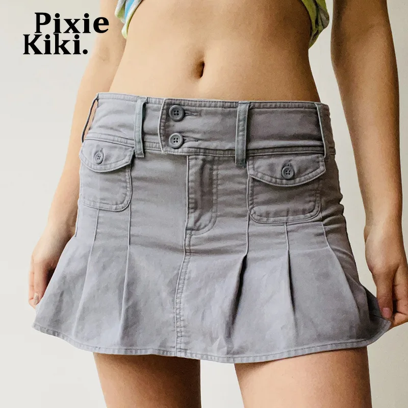 

PixieKiki Cute Sexy Low Rise Mini Skirts Y2k Pleated Skirt Harajuku Streetwear 2022 Fashion Women Bottoms Gray Khaki P84-DG21