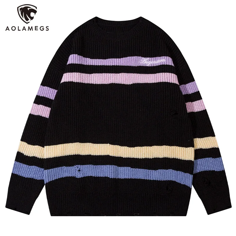 

Y2K уличный цветной Полосатый Графический свитер для мужчин, большой рваный вязаный пуловер с круглым вырезом, осенняя Новинка, вязаная одежда для пары