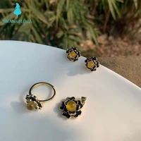 3pcs natural amber ring female handmade ring pendant earring set