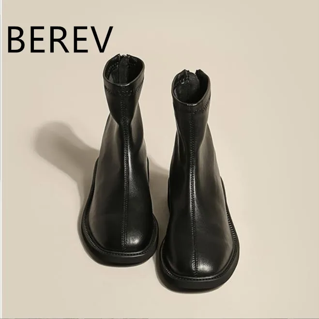 

Brand women's boots new mango head beige short boots mid-tube leather martin boots women's boots spring and autumn single boots