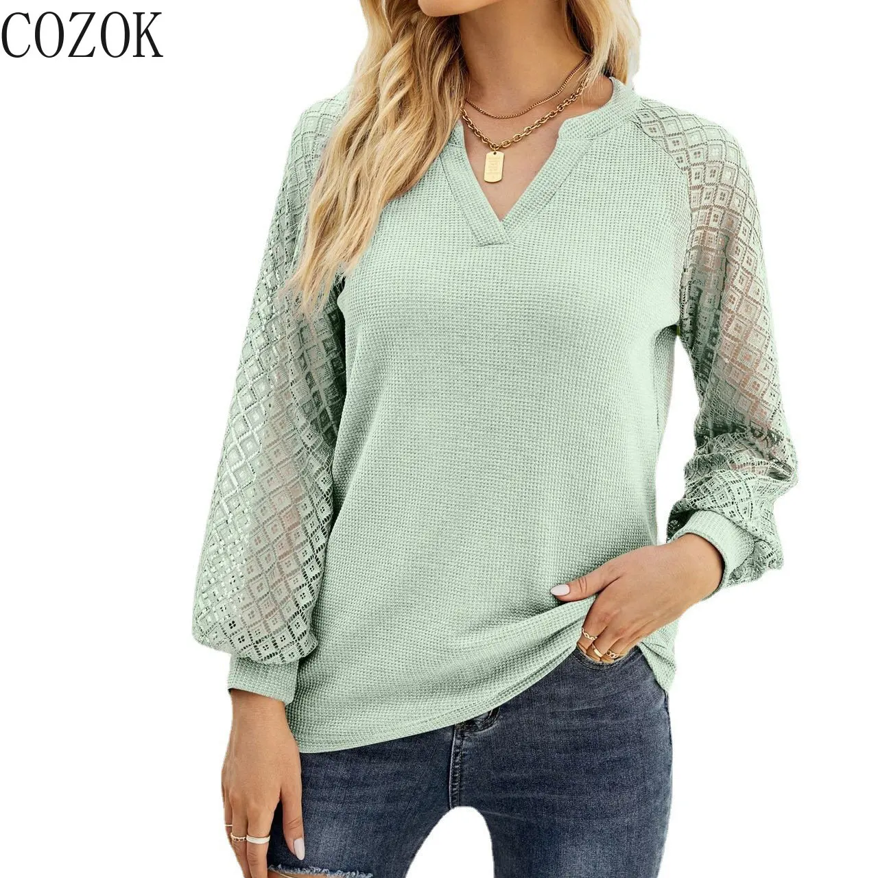 

European and American Women's Clothing 2022 Autumn and Winter New Lace Stitching Long-Sleeved V-neck T-shirt Top for Women