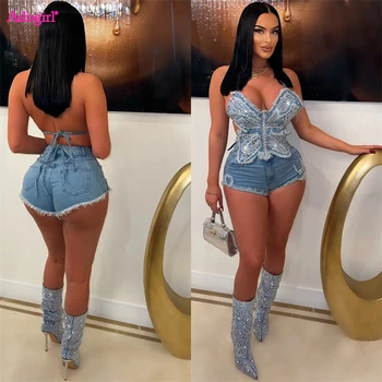 Adogirl Summer Jeans Two Piece Set Women Sexy Diamonds Butterfly Lace Up Halter Backless Crop Top And Denim Shorts Clubwear Suit 1