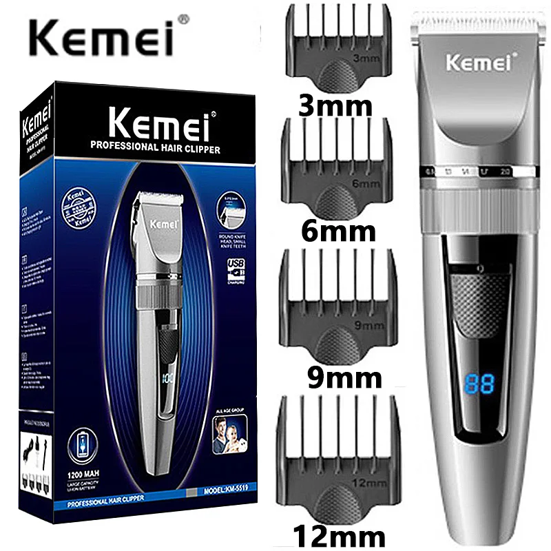 

Машинка для стрижки волос Kemei, беспроводной триммер с керамическими лезвиями, электрический профессиональный набор для стрижки волос, перезаряжаемый дисплей