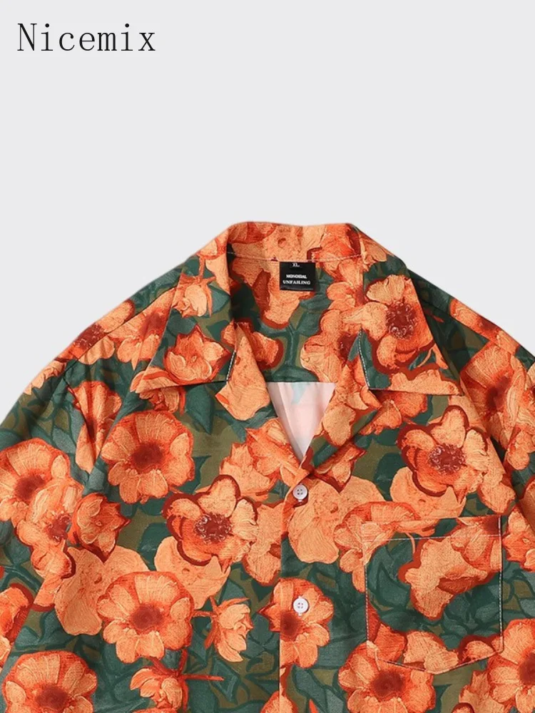 

Orange Blossom Retro Full Print Shirt Vintage Trend Grunge Hawaiian Couple Blouse Unisex High Street Button Up Y2K Color Tops