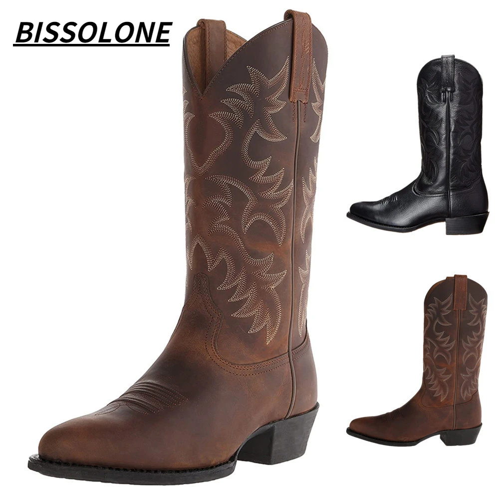 

BISSOLONE Top Quality Men's Fashion Designer Embroidered Tall Boots Cowboy Style Martin Boots PU Leather Western Boots