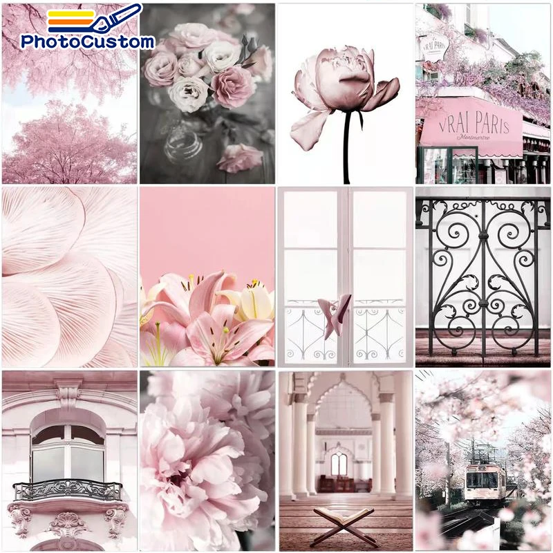 

PhotoCustom 60x75cm DIY With Frame Oil Picture By Number HandPainted Acrylic Paint Pink Flower Painting On Canvas For Home Decor