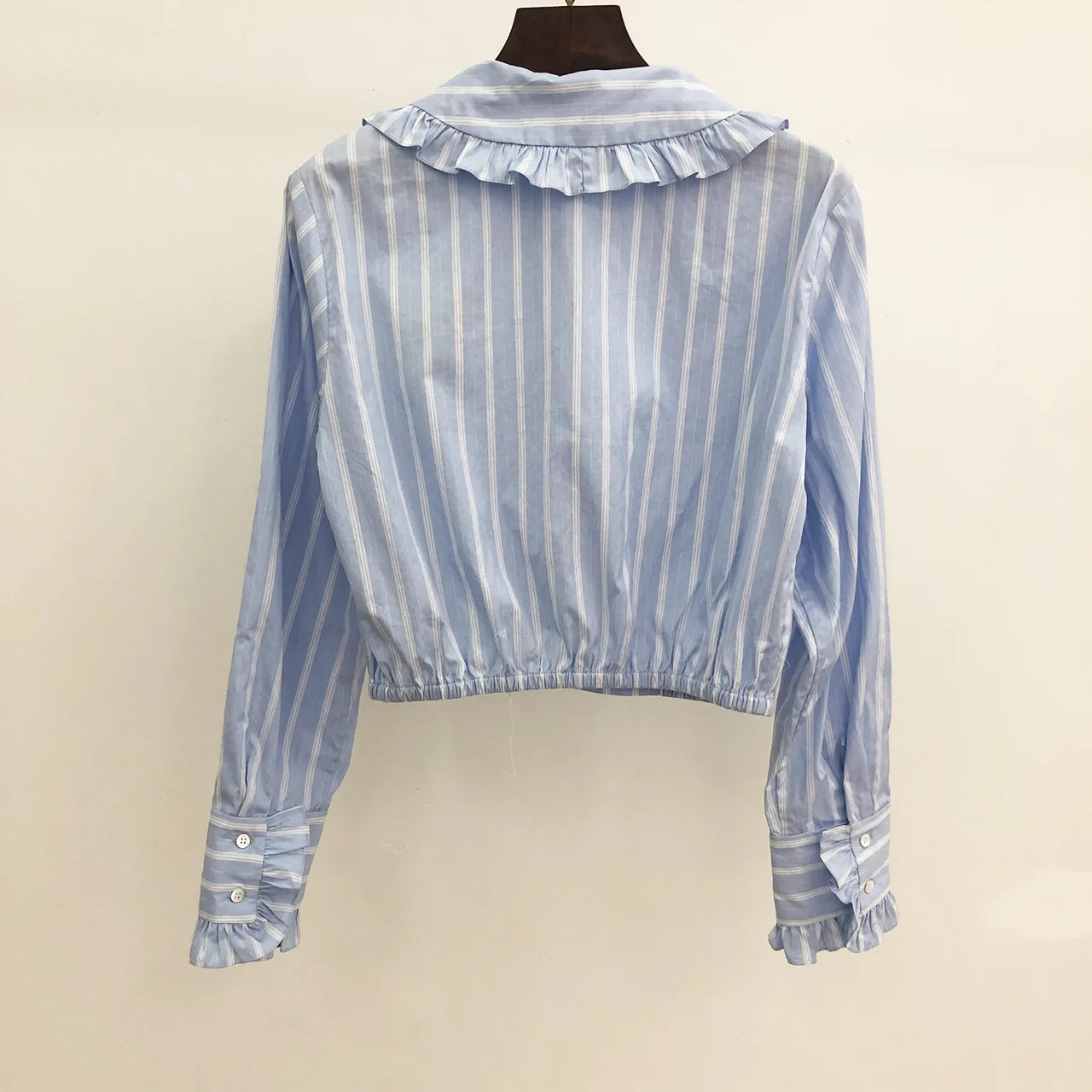 

Women's Shirt Stripes Ruffles Peter Pan Collar Single Breasted Long Sleeve Pockets Sweet Blouse