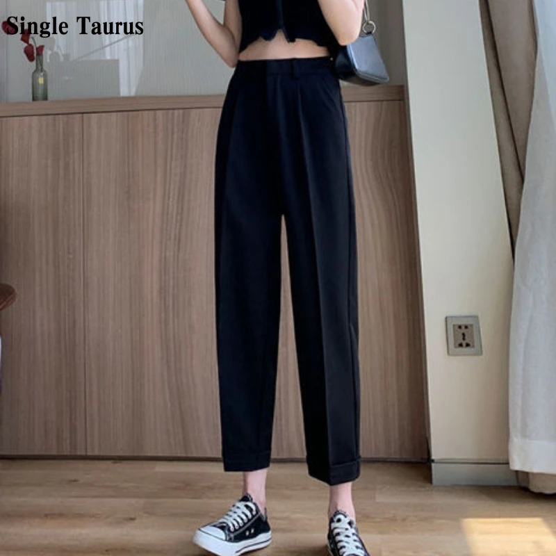 

Casual Women Suit Pants Office Lady Long Length Solid Khaki Black Loose Straight Wide Leg High Waist Vestido Tailored Trousers