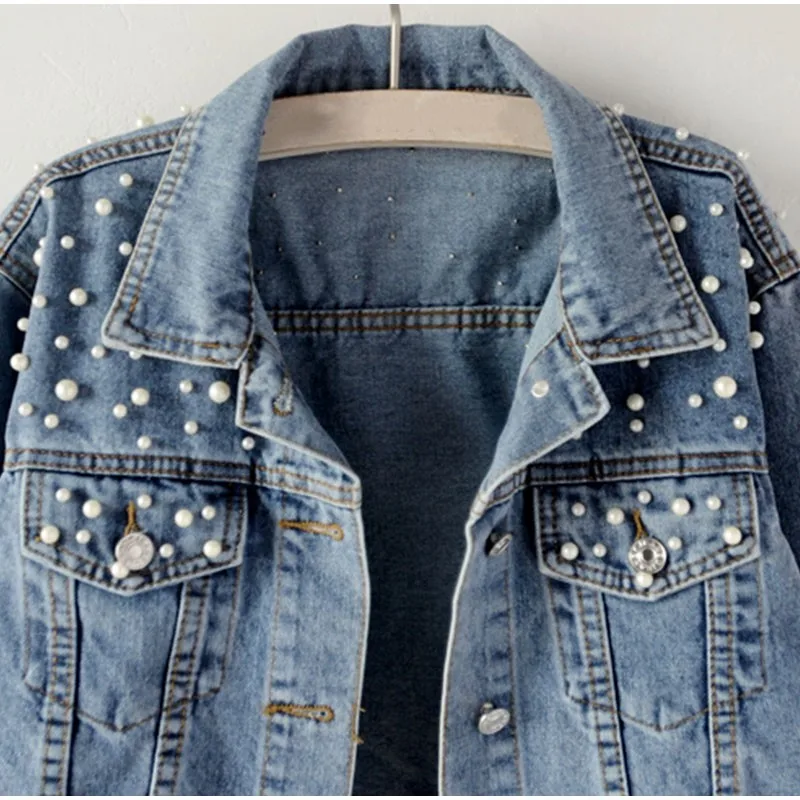 

Pearl Beading Short Denim Jackets 3Xl 5Xl Women White Wash Long Sleeve Vintage Casual Jean Jacket Bomber Denim Coat