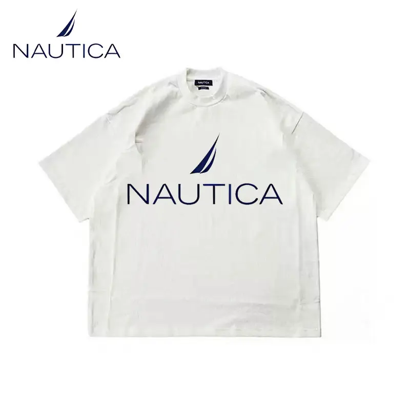 Фото Женская хлопковая футболка Nautica с коротким рукавом, однотонная, свободного кроя, повседневная, парная модель, с круглым вырезом, с коротким рукавом №1