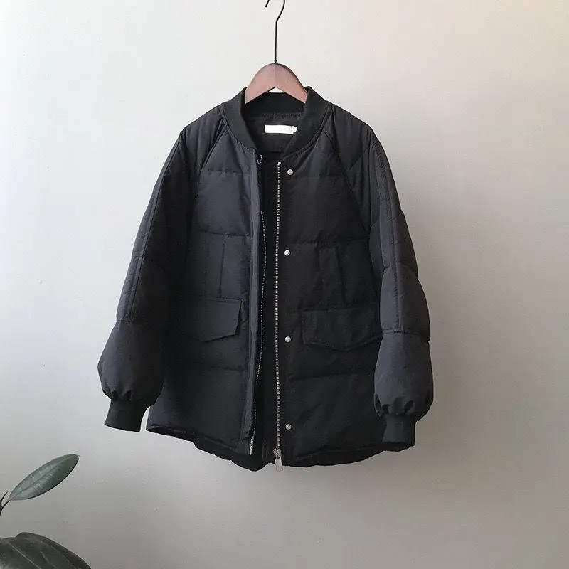 2022 Vintage Zipper Baseball Cotton Puffer Jacket  Thicken Warm Coat with Pocket Overcoat Women Winter New Korean Casual Loose