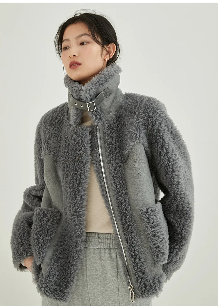 KoHuiJoo Lamb Fur Jacket Women 2022 Winter Fashion Vintage Thick Warm Female Shearling Overcoat Zipper Suede Coat Motorcycle