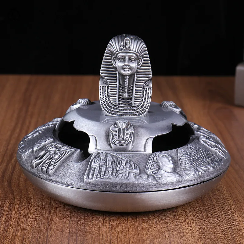 

Egyptian Pharaoh God Metal Sculpture Classic Ashtray With Cover Statue Retro Egypt Figurines Craft Home Decor Accessories Gift