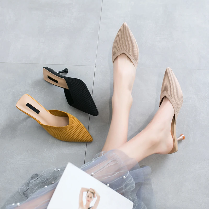 

Shoes Slippers Heels Pointed Toe Slipers Women Female Mule Slides Shallow Med High 2022 Mules Thin Cover Fabric PU Rubber