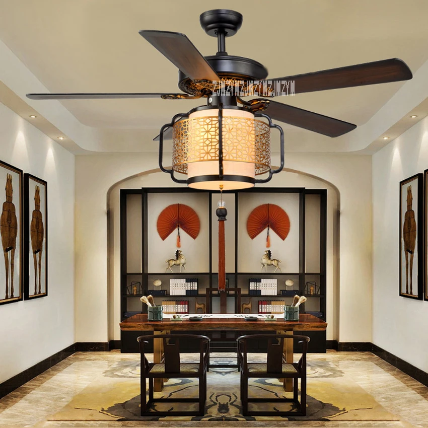 

HS030 Ceiling Fan Lights Living Room Bedroom Lights 5 Wooden Lanterns LED Mute Remote Control Fan with light 220v/110v 70W