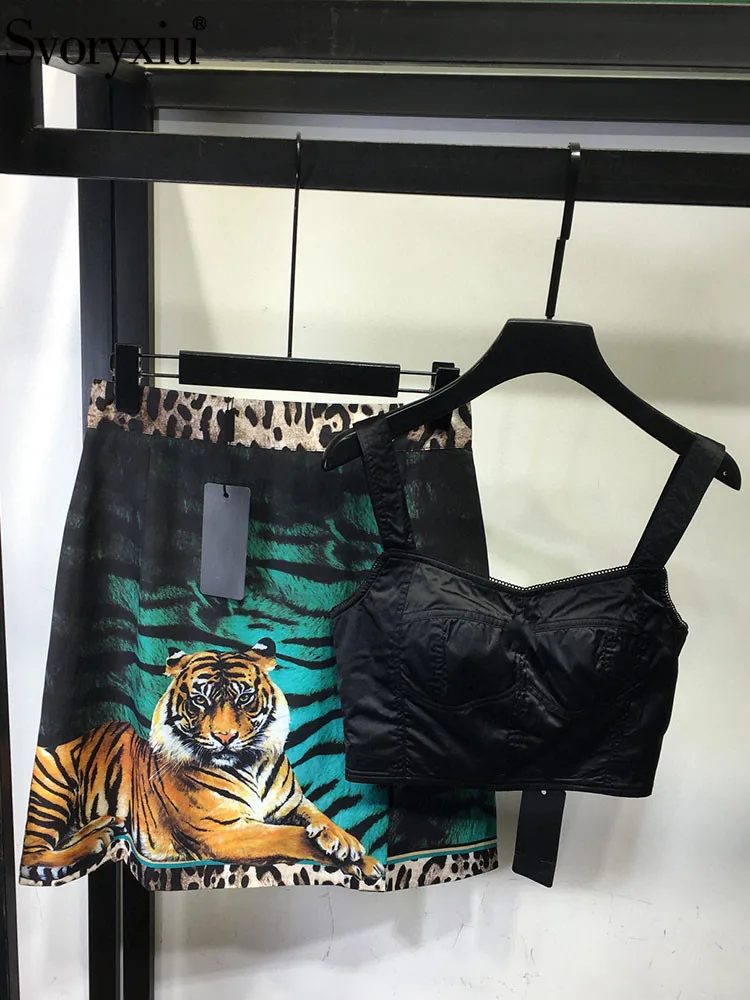 

Svoryxiu Runway Fashion Summer Vintage Animal Print Skirt Suit Women's Sling Sleeveless Short Vests+Regular Waist Half Skirt