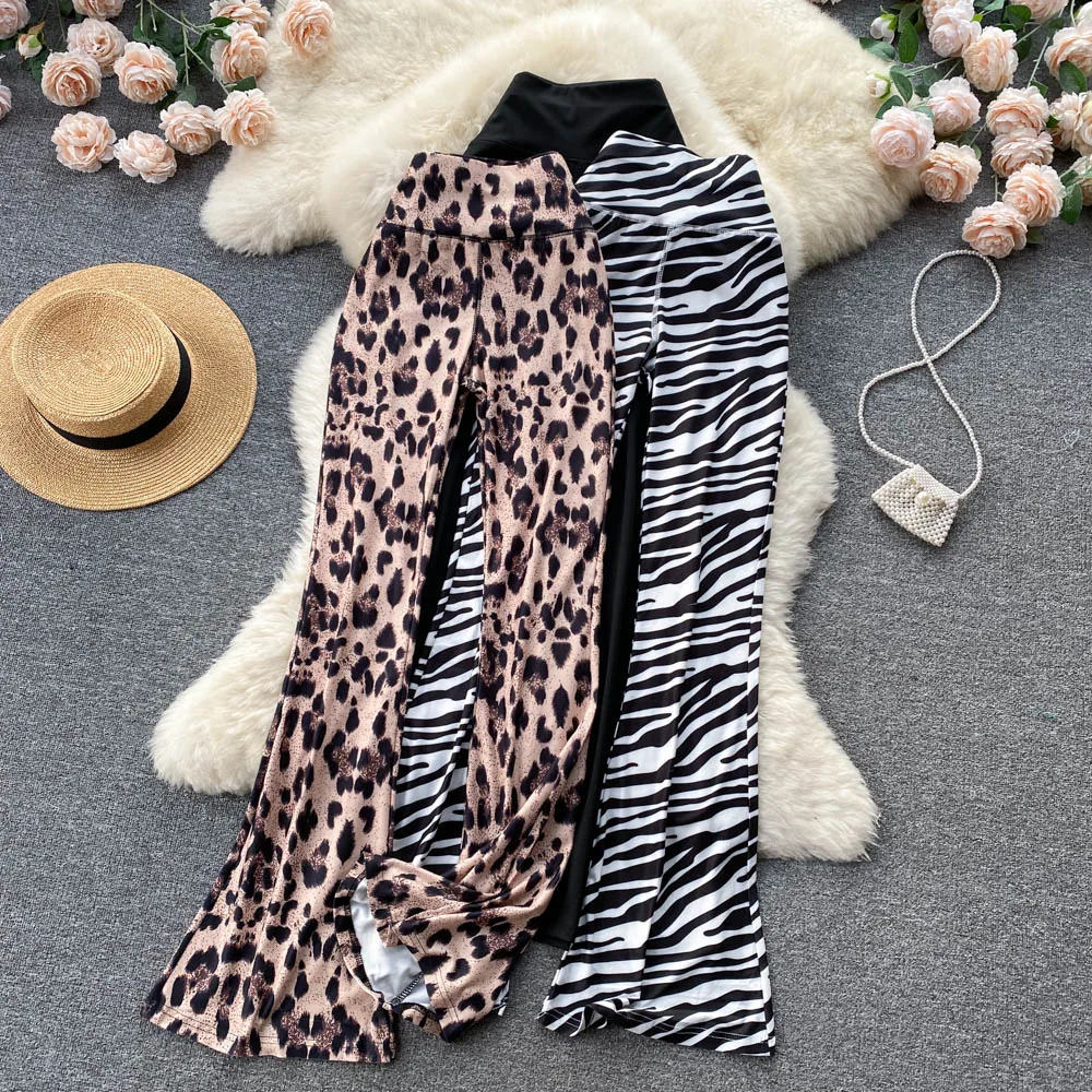 2023 Women Spring High Waist Leopard Printed Pants Korean Fashion Skinny Flare Pants Casual Hip Hop Trousers Female P013