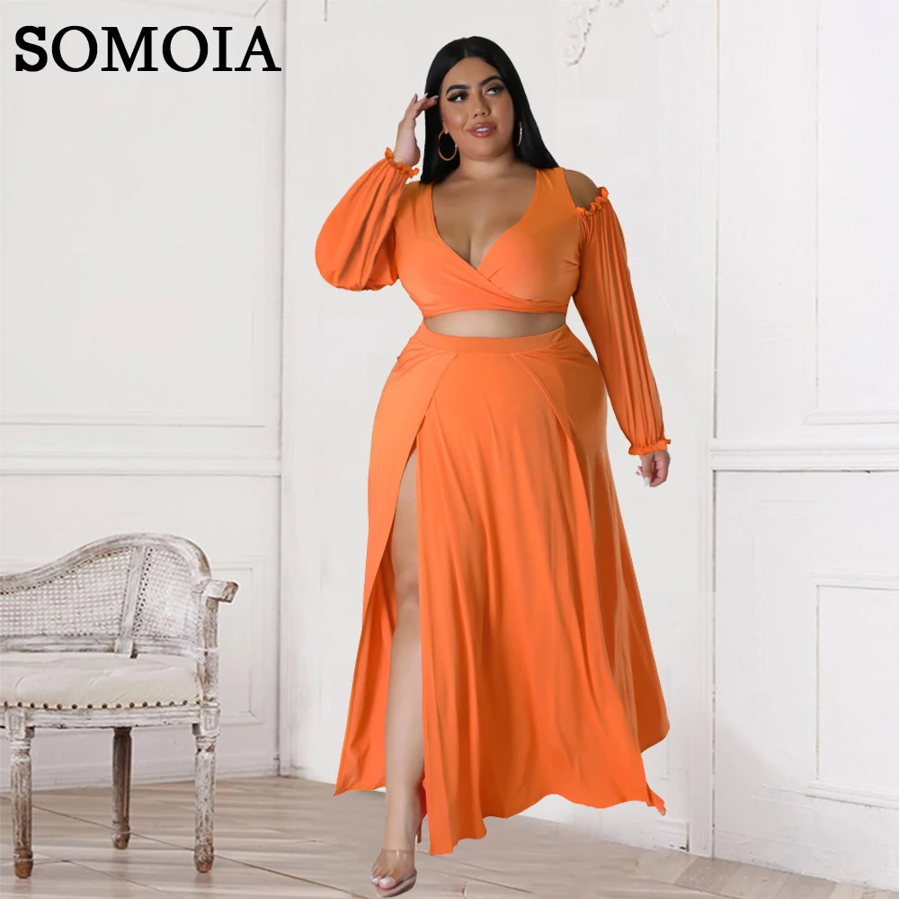 

SOMOIA Plus Size 2 Piece Sets Womens Outfits V-Neck Sexy Slit Long Skirt Long Sleeve Top Two Piece Set Wholesale Dropshipping