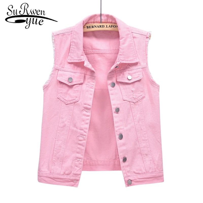 

Жилет женский джинсовый короткий, приталенный тонкий розовый жилет без рукавов с необработанными краями, жилет с дырками, разноцветный, вес...