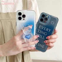 creative gradient blue letters with bear bracket transparent phone case for iphone 13 12 11 xs xr x pro max shockproof cover